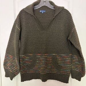 Democracy Olive Green V-Neck Knit Sweater with Multicolor Accents
